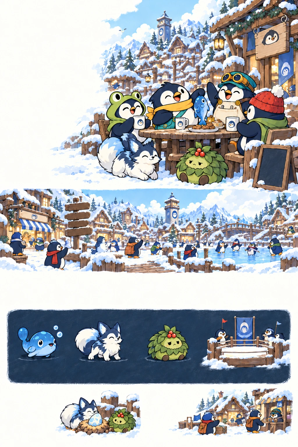 Illustrated Peng Town: a snowy town square with penguins meeting outside the shops and skating together.