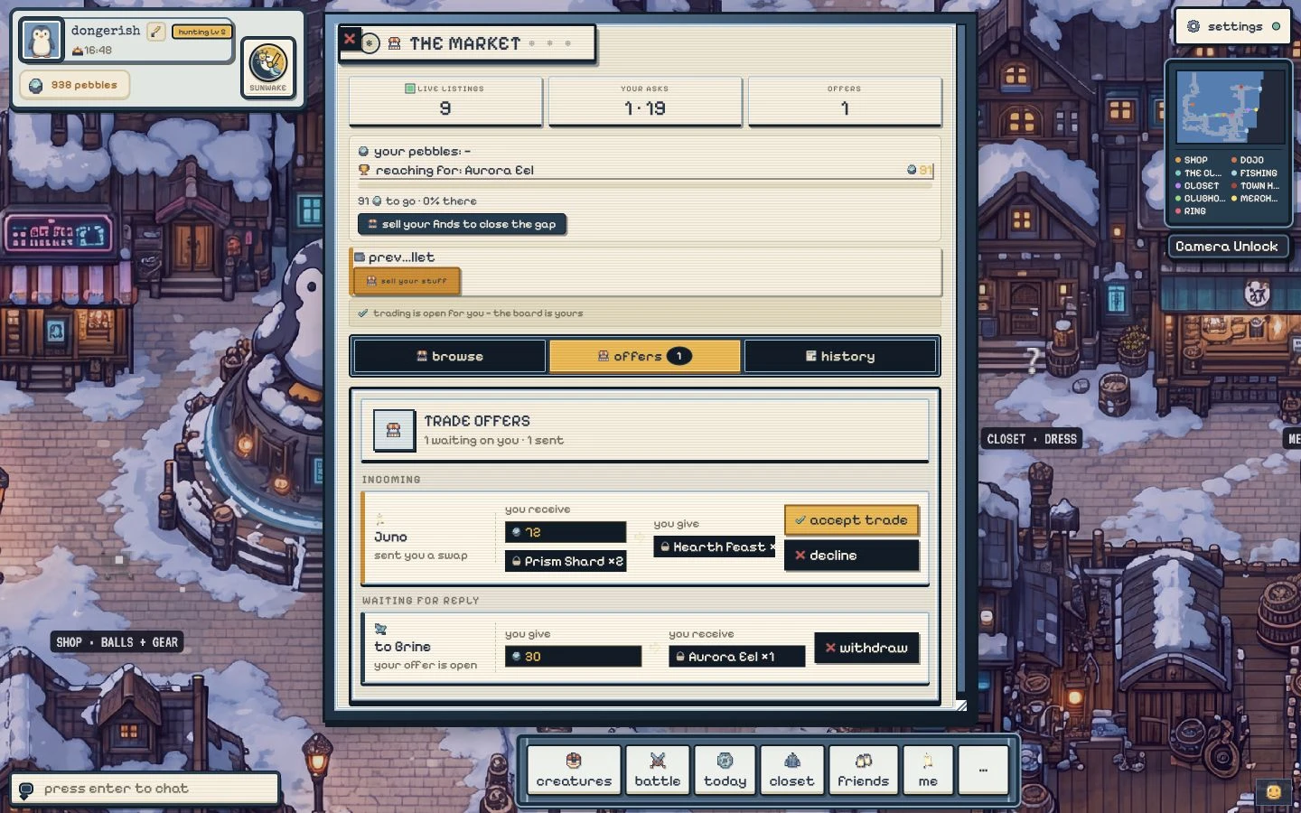 A capture from the Peng Town beta showing player trade offers in the market.
