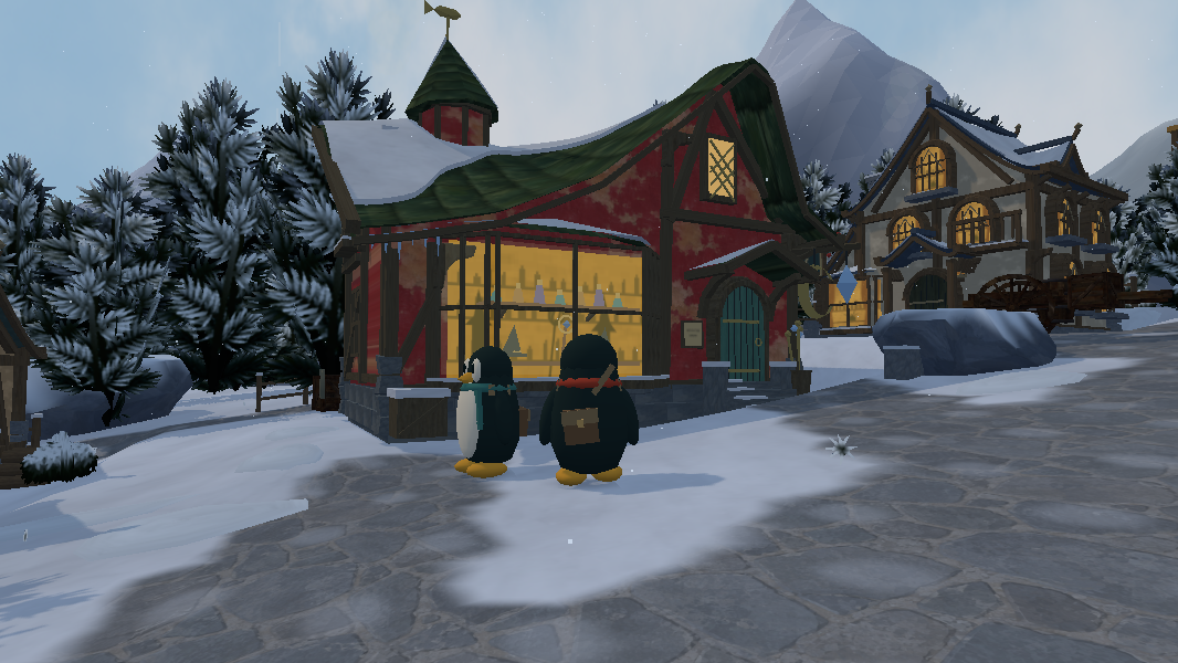The 3D prototype: two penguins outside a warmly lit shop in a snowy, three-dimensional village.