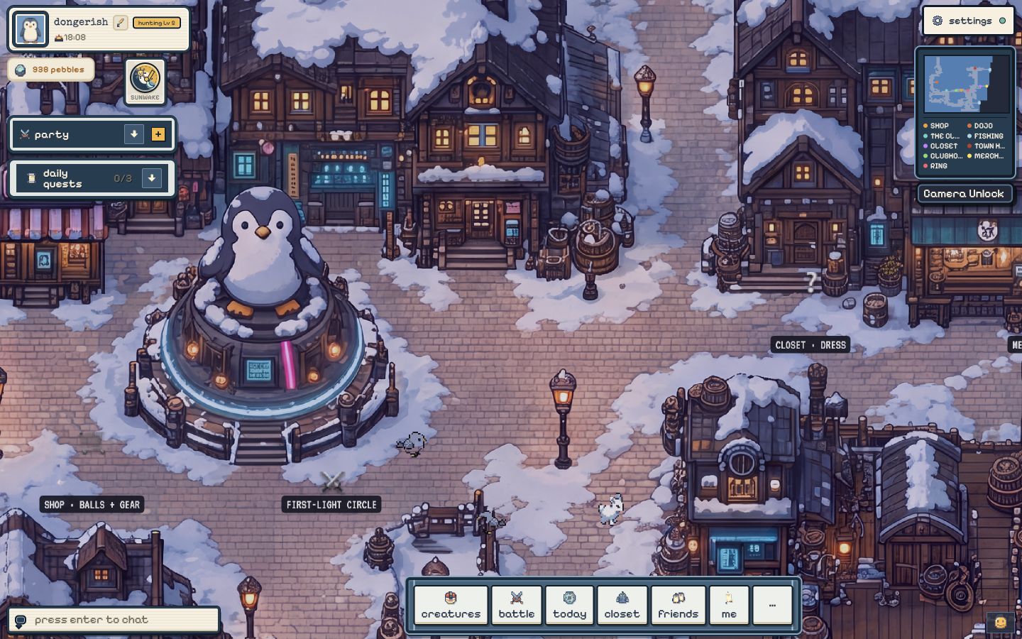 A capture from the Peng Town beta showing the snowy town square, penguin statue, shops and players.